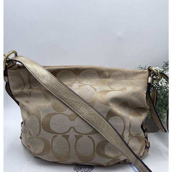 Coach F15067 Authenticated Signature Logo Khaki Beige Gold Tote Shoulder Bag - Picture 1 of 15